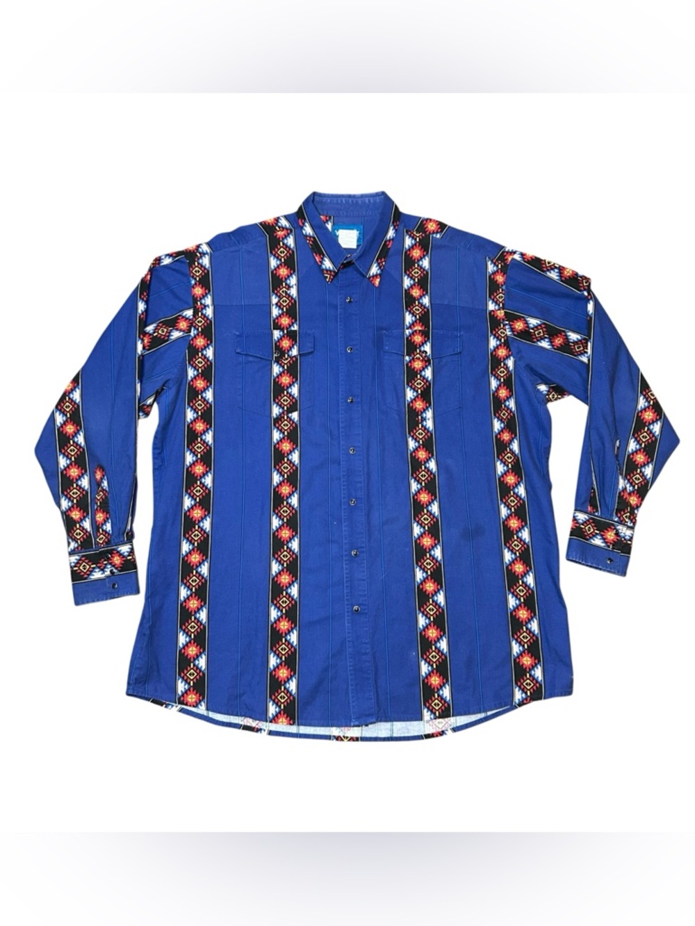 Wrangler Western Pearl Snap Brushpopper Men 3XT Blue Aztec Southwest Rodeo 90s